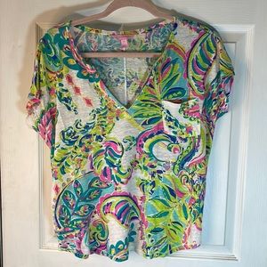 GUC Lilly Pulitzer M 100% linen Y-neckline pocket tee